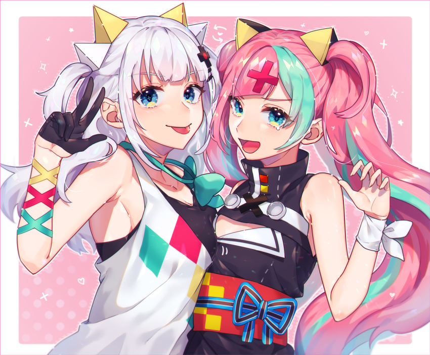 2girls :d :p aqua_hair bangs black_dress black_gloves blue_eyes blunt_bangs cleavage_cutout commentary_request cosplay costume_switch dress gloves green_neckwear hair_ornament kaguya_luna kaguya_luna_(character) kaguya_luna_(character)_(cosplay) long_hair looking_at_viewer multicolored_hair multiple_girls obi open_mouth peta_(snc7) pinky_pop_hepburn pinky_pop_hepburn_(cosplay) pinky_pop_hepburn_official ribbon sash short_hair silver_hair sleeveless sleeveless_dress smile tongue tongue_out twintails two-tone_hair v virtual_youtuber white_ribbon wrist_ribbon x_hair_ornament