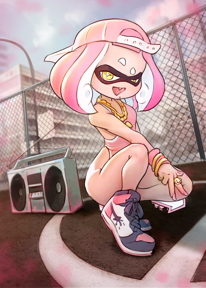 +_+ 1girl backwards_hat bare_shoulders baseball_cap blacking_your_waifu boombox bracelet breasts collar domino_mask full_body hat hime_(splatoon) jewelry legs leotard looking_at_viewer mask mole mole_under_mouth open_mouth outdoors pink_hair pink_leotard ring shoes short_hair sleeveless small_breasts smile sneakers solo splatoon splatoon_(series) splatoon_2 squatting tentacle_hair thick_eyebrows tongue v yellow_eyes