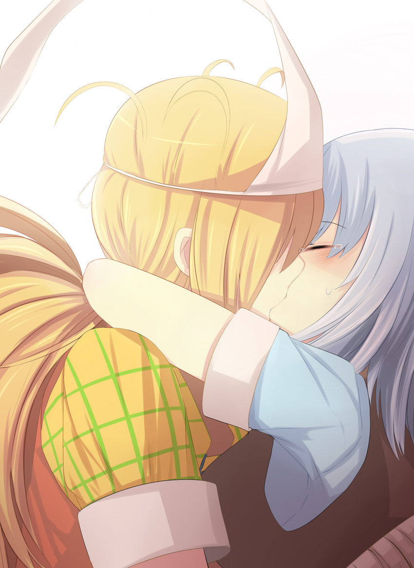 binbougami_ga! blonde_hair blush cast closed_eyes couple hair_over_one_eye highres hinagi_(fox_priest) hug kiss long_hair momiji_(binbougami_ga!) multiple_girls plaid plaid_shirt ponytail sakura_ichiko school_uniform shirt short_hair silver_hair skirt sweater_vest tears triangular_headpiece yuri