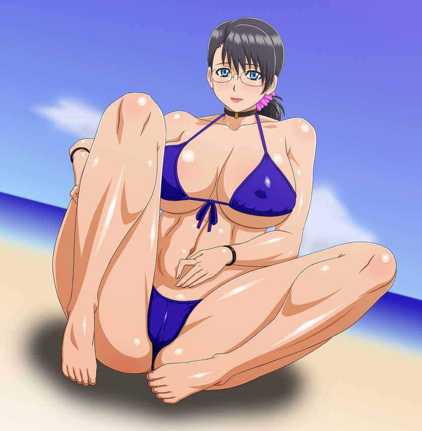 1girl bikini black_hair blue_eyes bracelet breasts cattleya cleavage flower glasses highres huge_breasts jewelry makani_kohitujito milf plump ponytail queen's_blade queen's_blade swimsuit