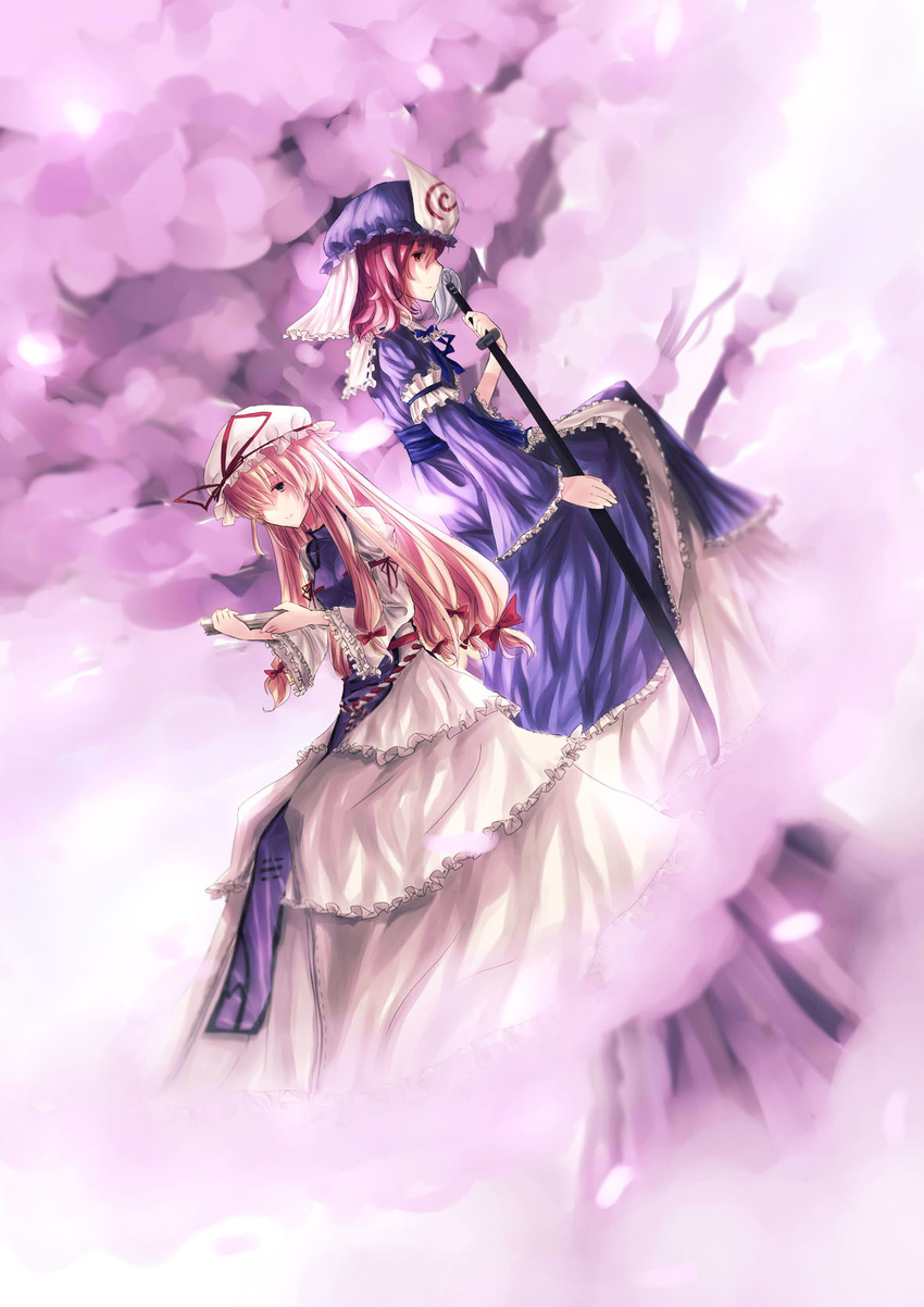 back-to-back blonde_hair bow cherry_blossoms closed_fan dress fan folding_fan hair_bow hat hat_ribbon highres japanese_clothes katana long_hair long_sleeves multiple_girls pink_eyes pink_hair purple_eyes ribbon saigyouji_yuyuko sh_(562835932) short_hair sitting smile sword touhou triangular_headpiece weapon wide_sleeves yakumo_yukari