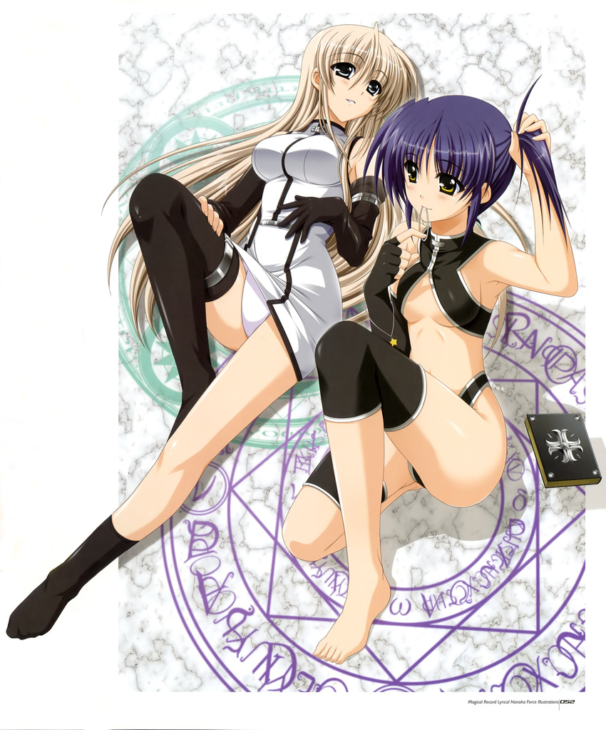 absurdres adjusting_hair barefoot black_eyes book breasts brown_hair buckle collarbone from_above gloves higa_yukari highres isis_eaglet knee_up large_breasts legs lily_strosek looking_at_viewer lying lyrical_nanoha magic_circle mahou_senki_lyrical_nanoha_force multiple_girls no_bra panties purple_hair revealing_clothes sleeveless thighhighs toes underboob underwear yellow_eyes