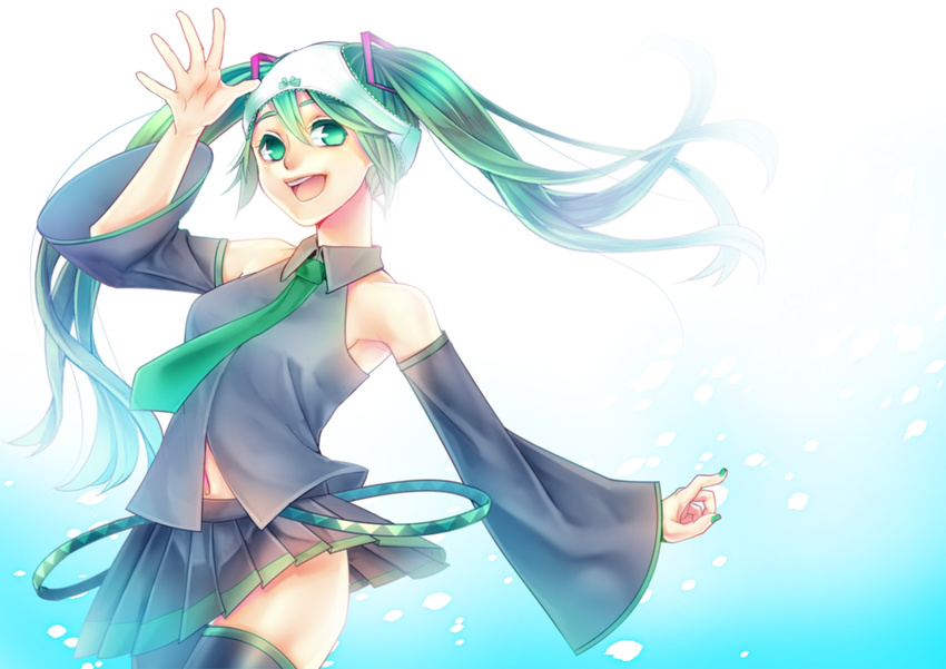 bad_id bad_pixiv_id detached_sleeves green_eyes green_hair hanatako hatsune_miku long_hair navel necktie object_on_head open_mouth panties panties_on_head skirt solo thighhighs twintails underwear vocaloid