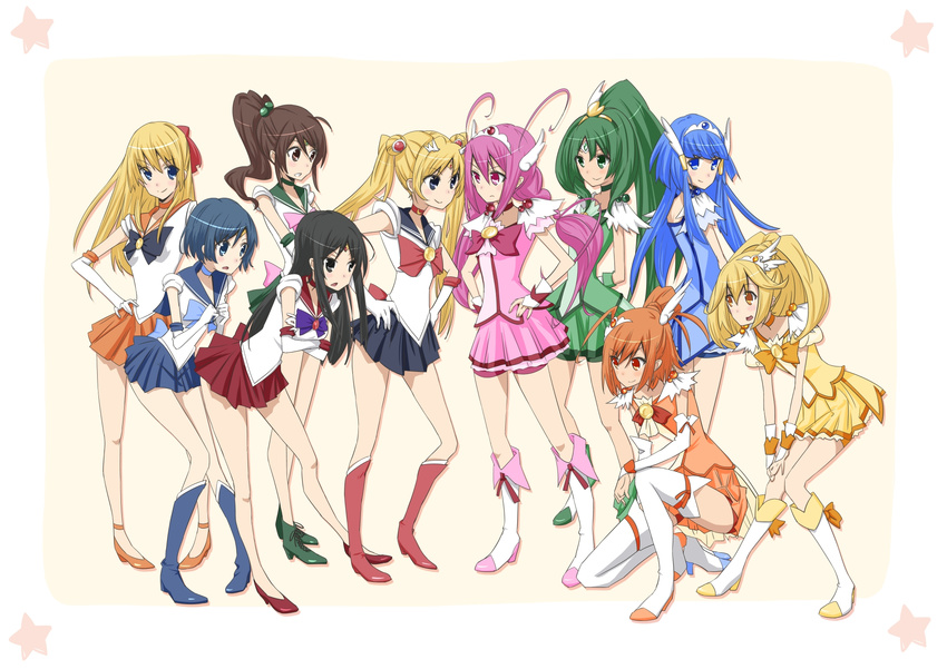 ahoge aino_minako antenna_hair aoki_reika bare_legs bike_shorts bishoujo_senshi_sailor_moon black_eyes black_hair blonde_hair blue_choker blue_eyes blue_footwear blue_hair blue_sailor_collar blue_skirt boots bow brooch brown_eyes brown_hair choker company_connection crossed_arms crossover cure_beauty cure_happy cure_march cure_peace cure_sunny double_bun elbow_gloves gloves green_choker green_eyes green_footwear green_hair green_sailor_collar green_skirt hair_bobbles hair_bun hair_flaps hair_ornament hair_tubes head_wings high_heels highres hino_akane_(smile_precure!) hino_rei hoshizora_miyuki jewelry kate_higgins kino_makoto kise_yayoi knee_boots kneeling long_hair magical_girl midorikawa_nao mizuno_ami multiple_girls nijidoro open_mouth orange_choker orange_eyes orange_hair orange_sailor_collar orange_skirt pink_bow pink_eyes pink_hair pink_skirt ponytail power_connection precure red_bow red_choker red_sailor_collar red_skirt ribbon sailor_collar sailor_jupiter sailor_mars sailor_mercury sailor_moon sailor_senshi_uniform sailor_venus seiyuu_connection shoes short_hair shorts shorts_under_skirt skirt smile smile_precure! strappy_heels thighhighs tiara touei tsukino_usagi twintails white_background white_gloves white_legwear wrist_cuffs yellow_bow yellow_eyes yellow_skirt