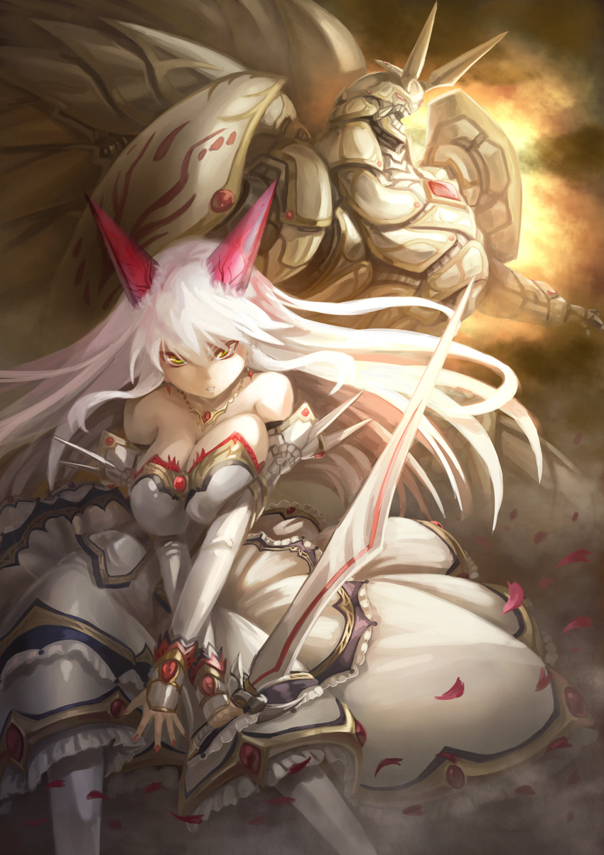 breasts cleavage elbow_gloves fantasy gloves highres hokuto_shinken horns huge_breasts jewelry large_breasts long_hair mecha necklace original parted_lips serious sword weapon white_hair white_legwear yellow_eyes