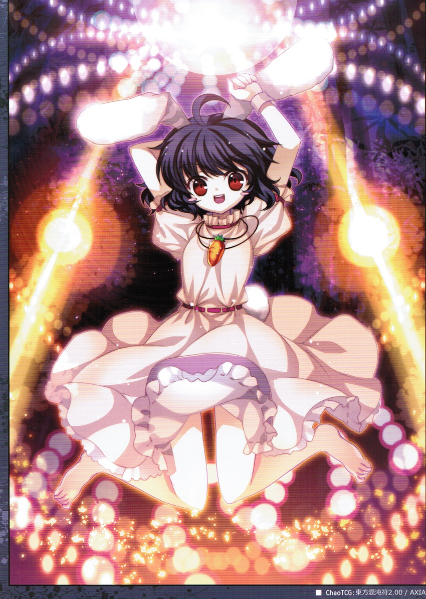 animal_ears barefoot black_hair blush_stickers bunny_ears bunny_tail capura_lin carrot danmaku highres imperishable_night inaba_tewi non-web_source open_mouth puffy_sleeves red_eyes scan scanlines short_hair short_sleeves solo tail touhou wristband