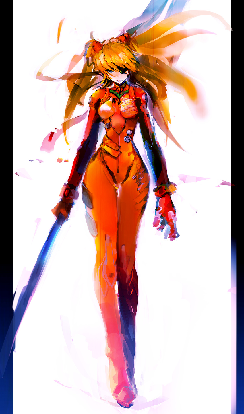 bangs blue_eyes bodysuit bracer breasts evangelion:_3.0_you_can_(not)_redo eyepatch gloves hair_between_eyes hair_ornament headgear highres hips holding holding_weapon long_hair long_legs looking_at_viewer neon_genesis_evangelion orange_hair pillarboxed pilot_suit polearm rebuild_of_evangelion shikinami_asuka_langley simple_background slender_waist small_breasts so-bin solo souryuu_asuka_langley spear spear_of_cassius standing tape thigh_gap turtleneck two_side_up weapon white_background wide_hips
