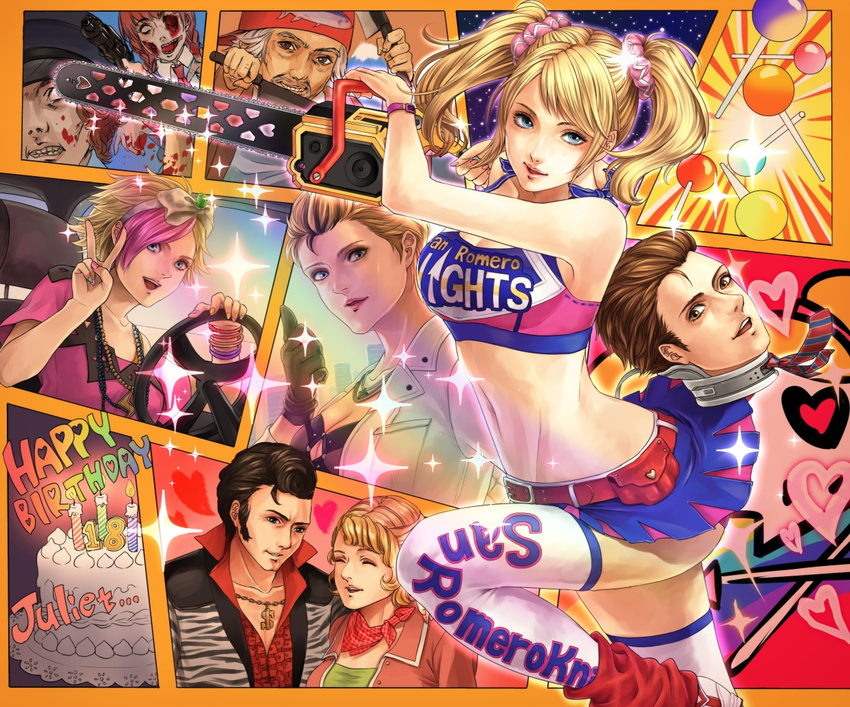 4girls bad_id bad_pixiv_id birthday_cake blonde_hair blue_eyes breasts cake candle candy chainsaw cheerleader cleavage clothes_writing cordelia_starling elizabeth_starling english everyone family food gideon_starling gloves heart juliet_starling knife lollipop lollipop_chainsaw looking_at_viewer lotter75 medium_breasts midriff morikawa_junji multicolored_hair multiple_boys multiple_girls navel necktie nick_carlyle rosalind_starling scrunchie severed_head shirt short_hair skirt sparkle steering_wheel taut_clothes taut_shirt thighhighs thumbs_up twintails two-tone_hair v weapon zombie