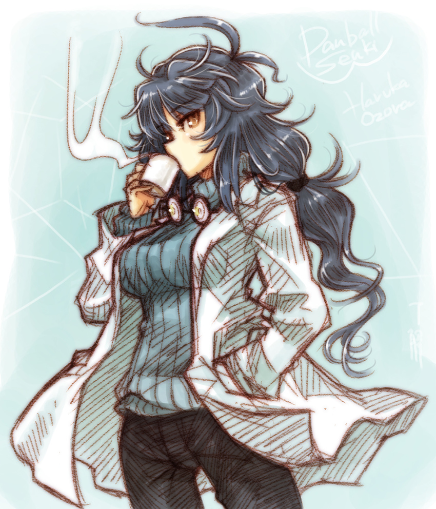 antenna_hair blue_hair breasts character_name copyright_name cup danball_senki danball_senki_w drinking eyewear_around_neck eyewear_removed glasses hand_in_pocket highres labcoat large_breasts long_hair mature mug oozora_haruka_(danball_senki) pants ryou_(shirotsumesou) solo steam sweater turtleneck yellow_eyes