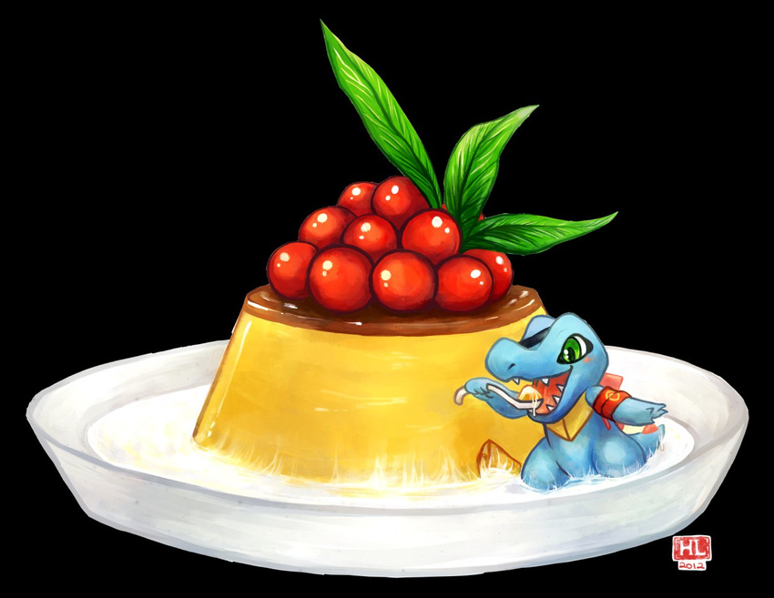 ambiguous_gender berries black_background blue_body eating feral green_eyes haychel milk nintendo plain_background pok&#233;mon pok&eacute;mon pudding size_difference totodile video_games