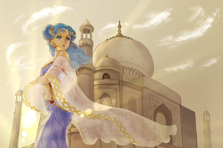 arabian_clothes bare_shoulders blue_eyes blue_hair breasts brown cloud dome double_bun from_below hair_ornament harem_pants highres jewelry kida_(zakuroishi) lens_flare long_hair looking_up mausoleum medium_breasts midriff minaret navel original pants parted_lips princess see-through shawl sky solo strapless sunlight taj_mahal tan tubetop