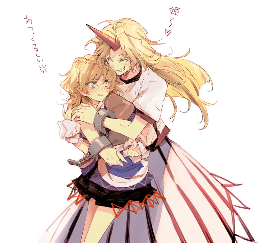 blonde_hair blush chain closed_eyes cuffs green_eyes horn hoshiguma_yuugi long_hair minakata_sunao mizuhashi_parsee multiple_girls pointy_ears puffy_sleeves shackles short_hair short_sleeves touhou translation_request white_background yuri