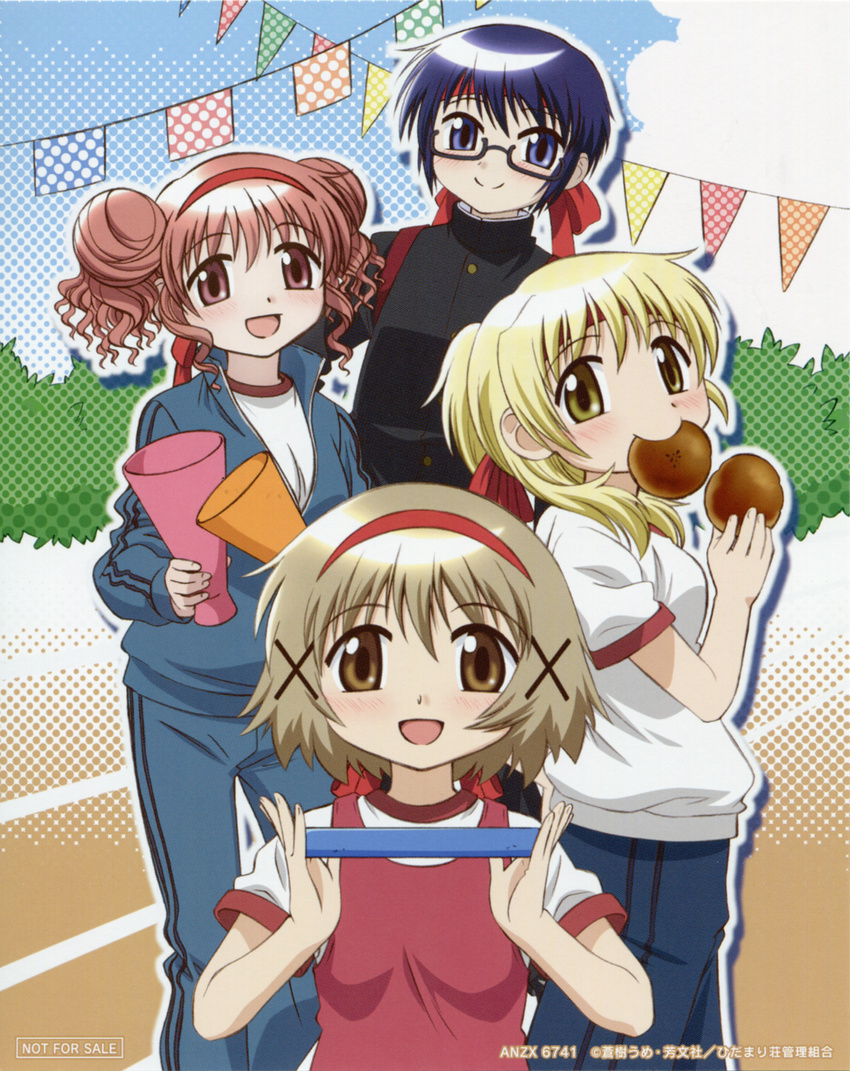 :d absurdres artist_request baton blonde_hair blue_eyes blue_hair blush bread brown_eyes brown_hair double_bun food gakuran glasses gym_uniform hair_ornament hairclip headband hidamari_sketch highres hiro jersey looking_at_viewer megaphone miyako multiple_girls official_art open_mouth pants pink_hair ponytail red_eyes relay_baton sae school_uniform short_hair smile track track_pants track_suit yuno