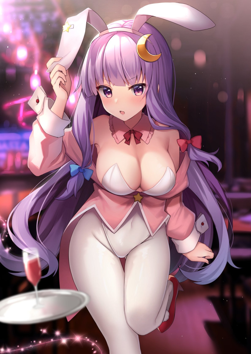 1girl animal_ears blush breasts covered_navel crescent crescent_hair_ornament cup detached_collar fake_animal_ears hair_ornament high_heels highres large_breasts leotard long_hair long_sleeves open_mouth pantyhose patchouli_knowledge playboy_bunny purple_eyes purple_hair rabbit_ears red_footwear ruhika solo touhou tray white_leotard white_pantyhose