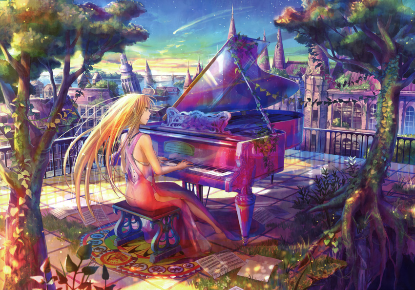 blonde_hair chair city cropped dress fuji_choko highres instrument leaf long_hair moss music non-web_source original piano playing_instrument ruins scan scenery sheet_music shooting_star solo tree water