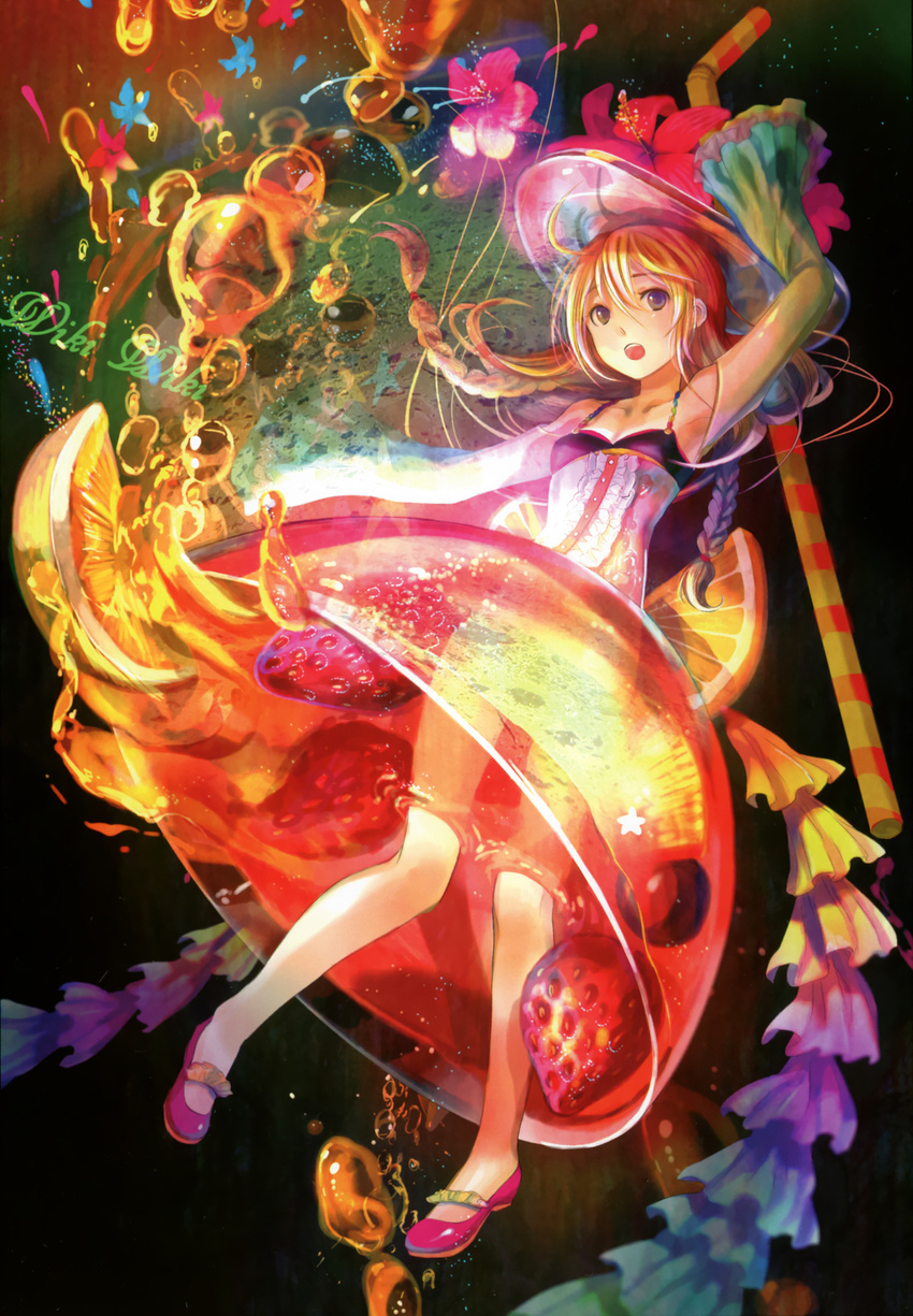 arm_up blonde_hair blue_eyes braid colorful cropped detached_sleeves dress drinking_straw flower food fruit fuji_choko glass hat hat_flower hibiscus highres lemon lemon_slice long_hair no_socks non-web_source open_mouth original partially_submerged personification scan solo star strawberry twin_braids