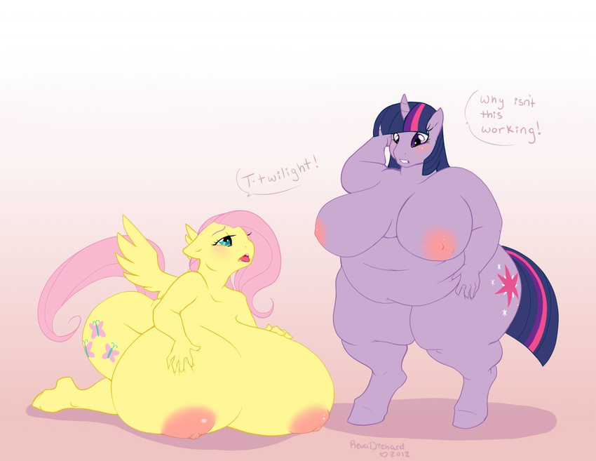 anthro anthrofied big_breasts breasts chubby cutie_mark duo equine female fluttershy_(mlp) friendship_is_magic horn huge_breasts mammal morbidly_obese my_little_pony nipples overweight pegasus revadiehard transformation twilight_sparkle_(mlp) unicorn wings