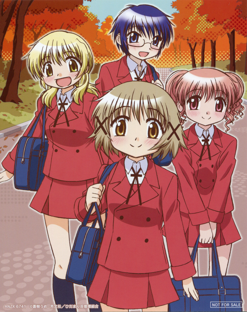 :d absurdres artist_request bag blonde_hair blue_eyes blue_hair blush brown_eyes brown_hair double_bun glasses hair_ornament hairclip hidamari_sketch highres hiro looking_at_viewer miyako multiple_girls official_art open_mouth pink_hair red_eyes sae school_uniform short_hair smile yuno