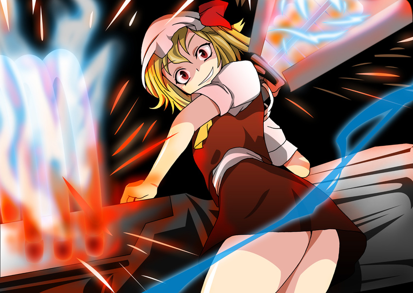 armored_core armored_core_5 ascot ass blonde_hair flandre_scarlet giga_cannon grin hat hat_ribbon looking_at_viewer m-eiji no_panties red_eyes ribbon shaded_face short_hair side_ponytail skirt skirt_set smile solo touhou ultimate_weapon_(armored_core) weapon