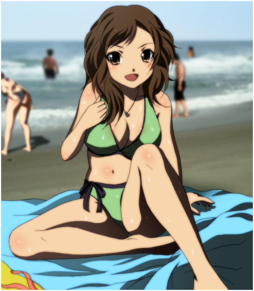 beach bikini brown_hair highres original short_hair sitting smile sweat swimsuit water yadokari_genpachirou