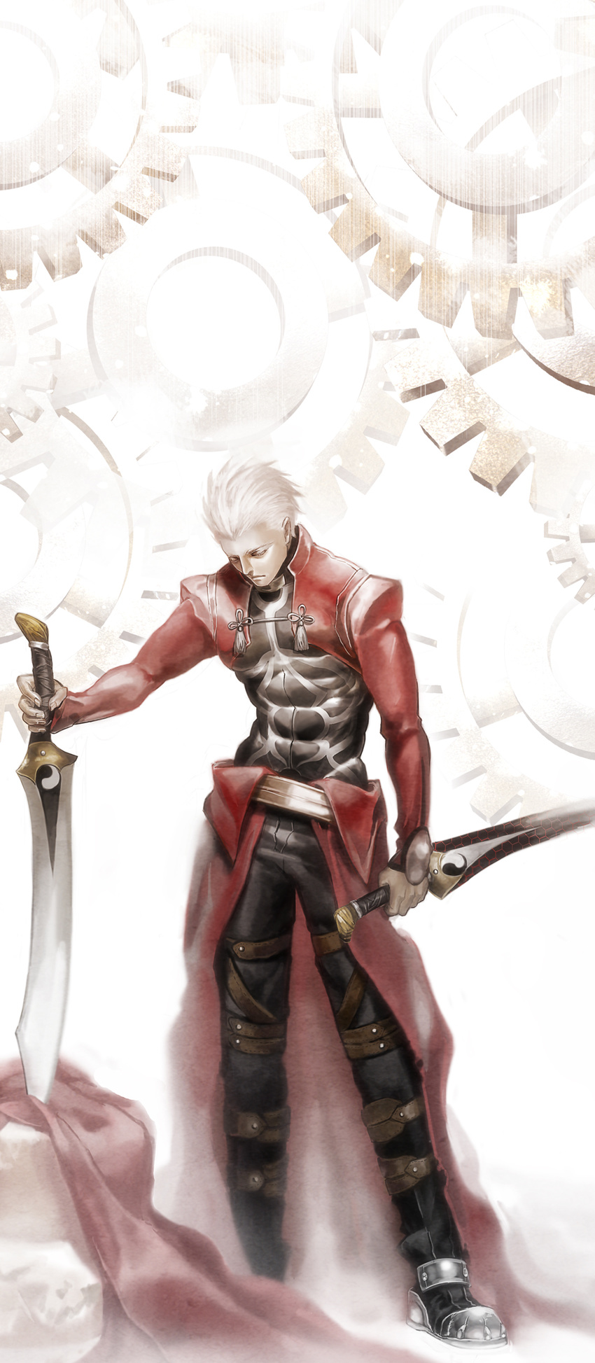absurdres archer awa_suna bad_id bad_pixiv_id closed_eyes cloth fate/stay_night fate_(series) highres kanshou_&amp;_bakuya male_focus reverse_grip solo sword unlimited_blade_works weapon white_hair