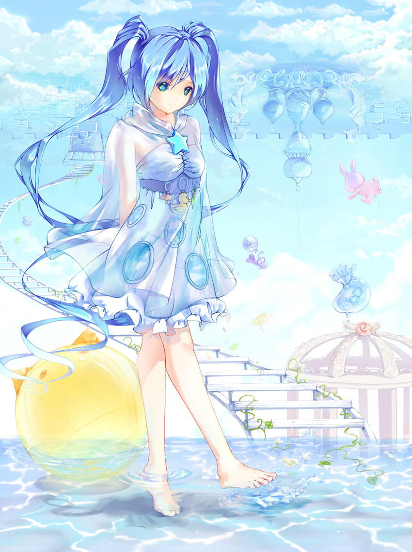 aqua_eyes arms_behind_back barefoot blue_hair cloud day dress feet hatsune_miku highres hmniao long_hair outdoors see-through sky smile solo stairs star tiptoes toenails toes twintails very_long_hair vocaloid wading water