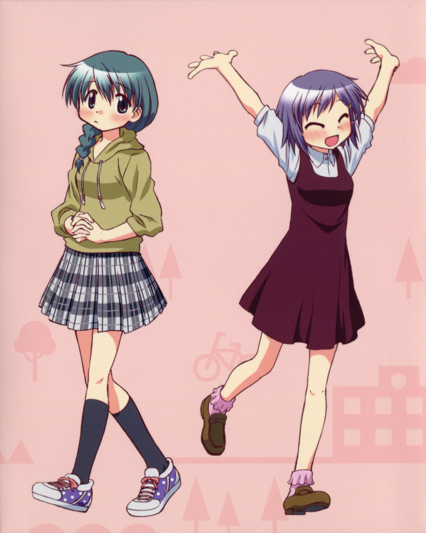 \o/ ^_^ absurdres arms_up blush braid casual chika_(hidamari_sketch) closed_eyes dress fashion green_eyes green_hair hidamari_sketch highres hood hoodie itou_yoshiaki loafers multiple_girls natsume_(hidamari_sketch) official_art open_mouth outstretched_arms pink_background purple_hair scan shoes short_hair skirt sleeves_pushed_up sneakers socks sweatshirt