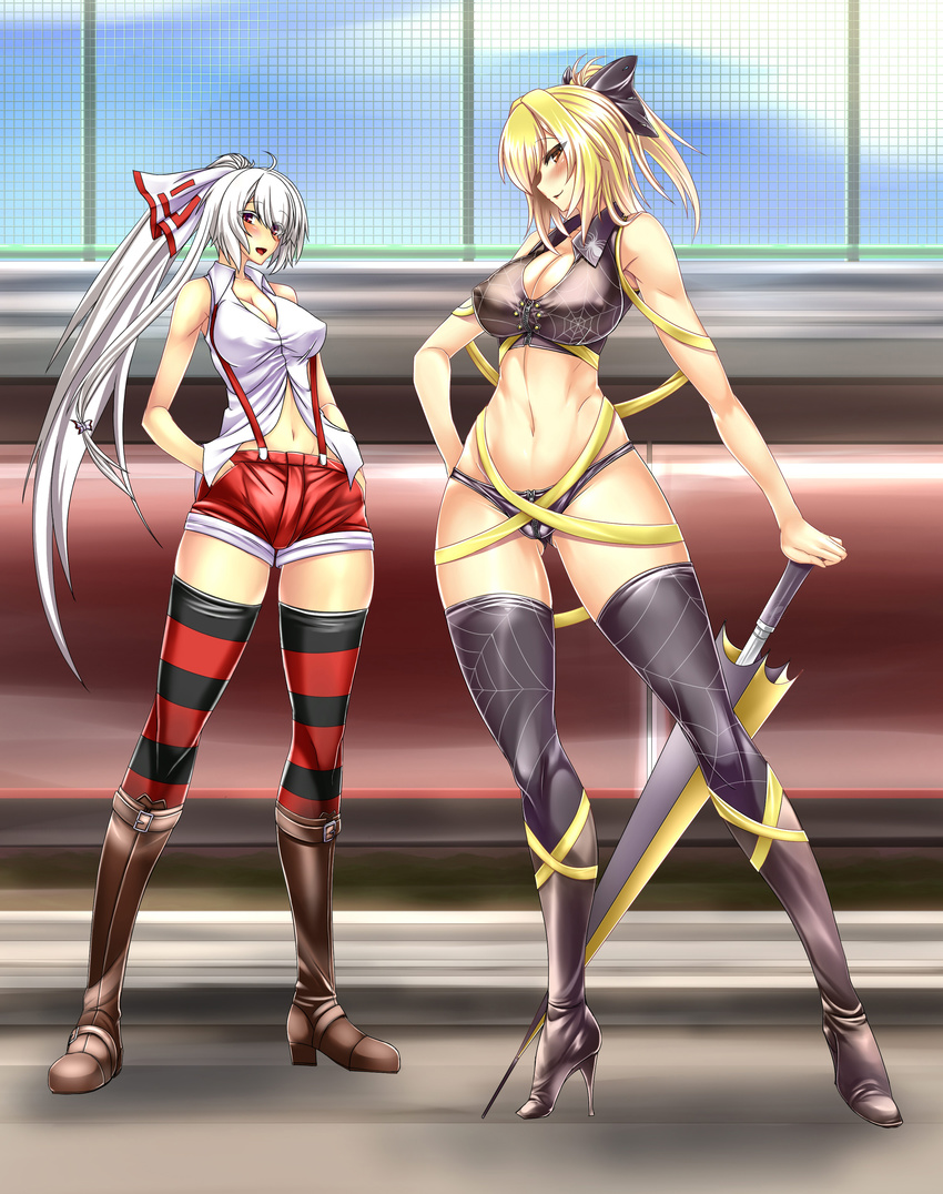absurdres adapted_costume alternate_costume bare_arms bare_shoulders blonde_hair blush bow breasts cleavage closed_umbrella covered_nipples curvy fujiwara_no_mokou hair_bow hands_in_pockets high_heels highres kurodani_yamame large_breasts legs long_hair looking_at_viewer midriff multiple_girls navel panties planted_umbrella ponytail profile race_queen ribbon shoes short_hair shorts silver_hair smile sorono spider_web_print striped striped_legwear suspenders tall thighhighs thighs touhou umbrella underwear