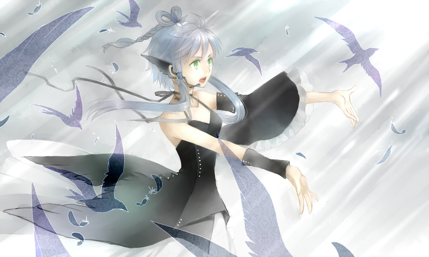 bird detached_sleeves feathers green_eyes headset highres ink_(y3297528xx) luo_tianyi music open_mouth outstretched_arms short_hair_with_long_locks singing solo vocaloid vocanese