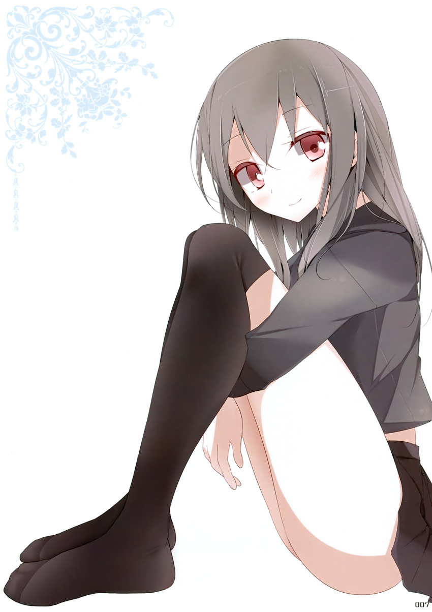absurdres black_hair black_legwear highres looking_at_viewer oouso original red_eyes scan simple_background skirt smile solo thighhighs white_background