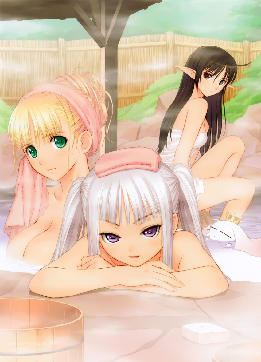 3girls bath black_hair blonde_hair brown_eyes clalaclan_philias crown forest green_eyes houmei long_ears long_hair onsen open_mouth purple_eyes rock shining_tears sitting smile stone towel tree twintails very_long_hair wall water while_hair xecty_ein