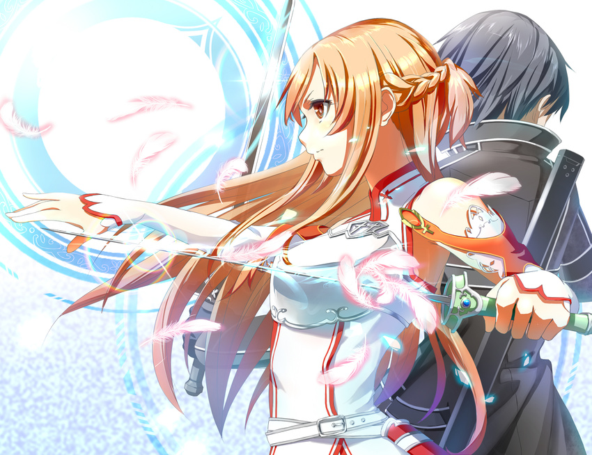 1boy 1girl armor artist_request asuna_(sao) belt black_hair blade blonde_hair brown_eyes coat feather feathers gloves highres kirito light long_hair miso_ni misoni_(4234655) short_hair sword sword_art_online wallpaper weapon yuuki_asuna