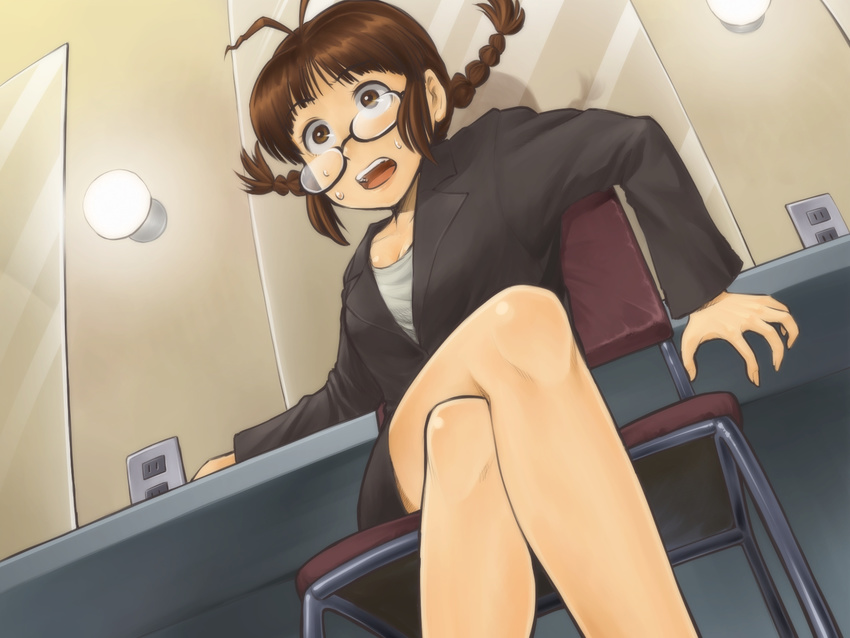 akizuki_ritsuko antenna_hair braid brown_eyes brown_hair chair chiaki_rakutarou crooked_eyewear crossed_legs desk electric_socket glasses highres idolmaster idolmaster_(classic) light_bulb long_legs mirror open_mouth pencil_skirt shirt short_hair sitting skirt solo suit_jacket surprised sweatdrop twin_braids