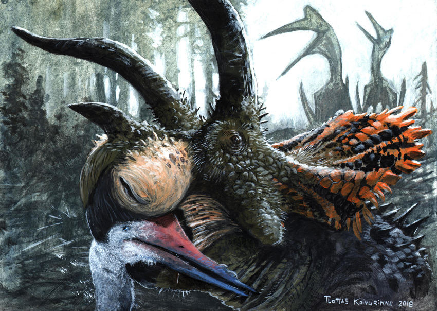 2018 absurd_res azhdarchid beak ceratopsian dinosaur duo_focus feral group hi_res horn open_mouth pterosaur realistic reptile scalie traditional_media_(artwork) triceratops triceratops_horridus tuomas_koivurinne