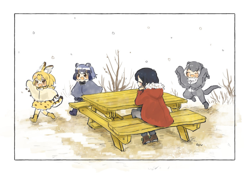 4koma adapted_costume animal_ears bench black_hair blonde_hair blue_hair blush boots bow bowtie cloak coat comic common_raccoon_(kemono_friends) eyebrows_visible_through_hair fur_collar fur_trim grey_hair highres kaban_(kemono_friends) kemono_friends long_sleeves multicolored_hair open_mouth otter_ears otter_tail pleated_skirt print_skirt raccoon_ears san_sami serval_(kemono_friends) serval_ears serval_print serval_tail short_hair sitting skirt small-clawed_otter_(kemono_friends) smile snow tail white_hair winter_clothes