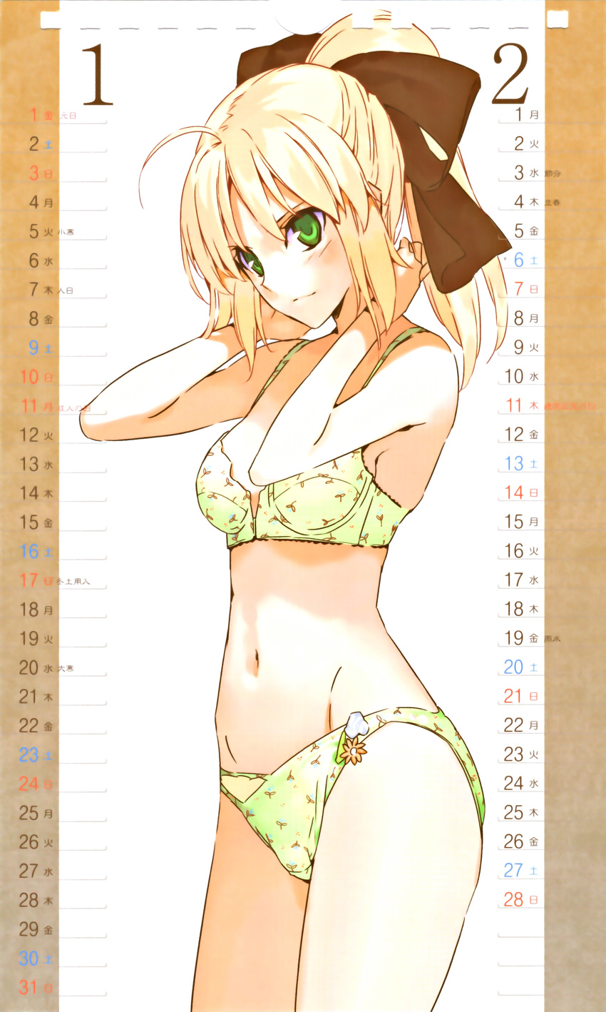 absurdres artoria_pendragon_(all) blonde_hair bra fate/stay_night fate/unlimited_codes fate_(series) green_eyes highres lingerie morii_shizuki navel panties saber saber_lily solo underwear underwear_only