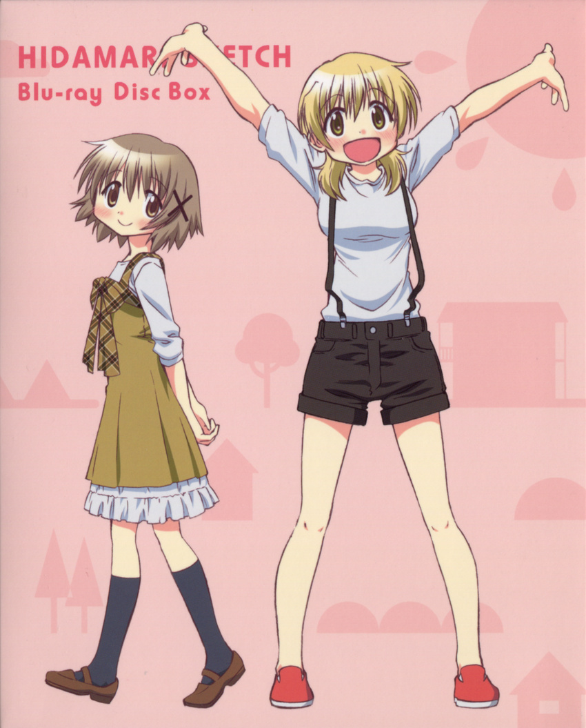 :d \o/ absurdres arms_behind_back arms_up blonde_hair blush brown_eyes brown_hair casual hair_ornament hairclip hidamari_sketch highres itou_yoshiaki kneehighs loafers miyako multiple_girls no_socks official_art open_mouth outstretched_arms pink_background plaid ribbon scan shoes short_hair shorts smile socks suspenders yellow_eyes yuno