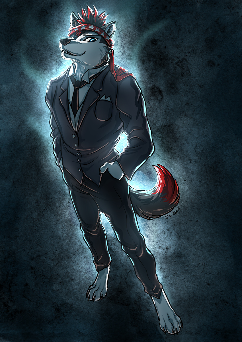 abstract_background anthro bandanna barefoot black_nose blue_eyes canine claws digitigrade fur hair j_c jc looking_at_viewer male mammal necktie red_fur smile standing suit toe_claws white_fur wolf