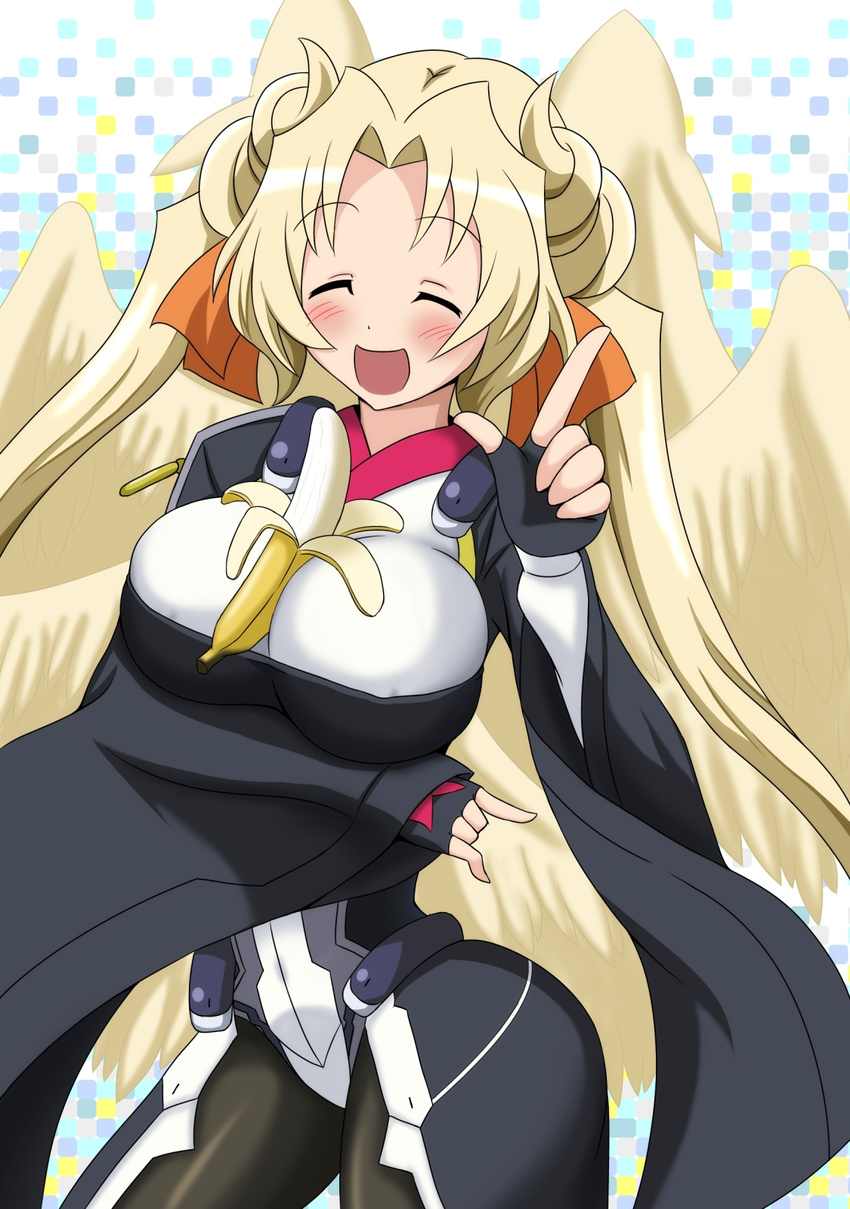 1girl angel angel_wings anison banana black_legwear blonde_hair bodysuit breasts eyes_closed female food fruit highres kyoukai_senjou_no_horizon kyoukaisenjou_no_horizon large_breasts margot_knight pantyhose solo wings