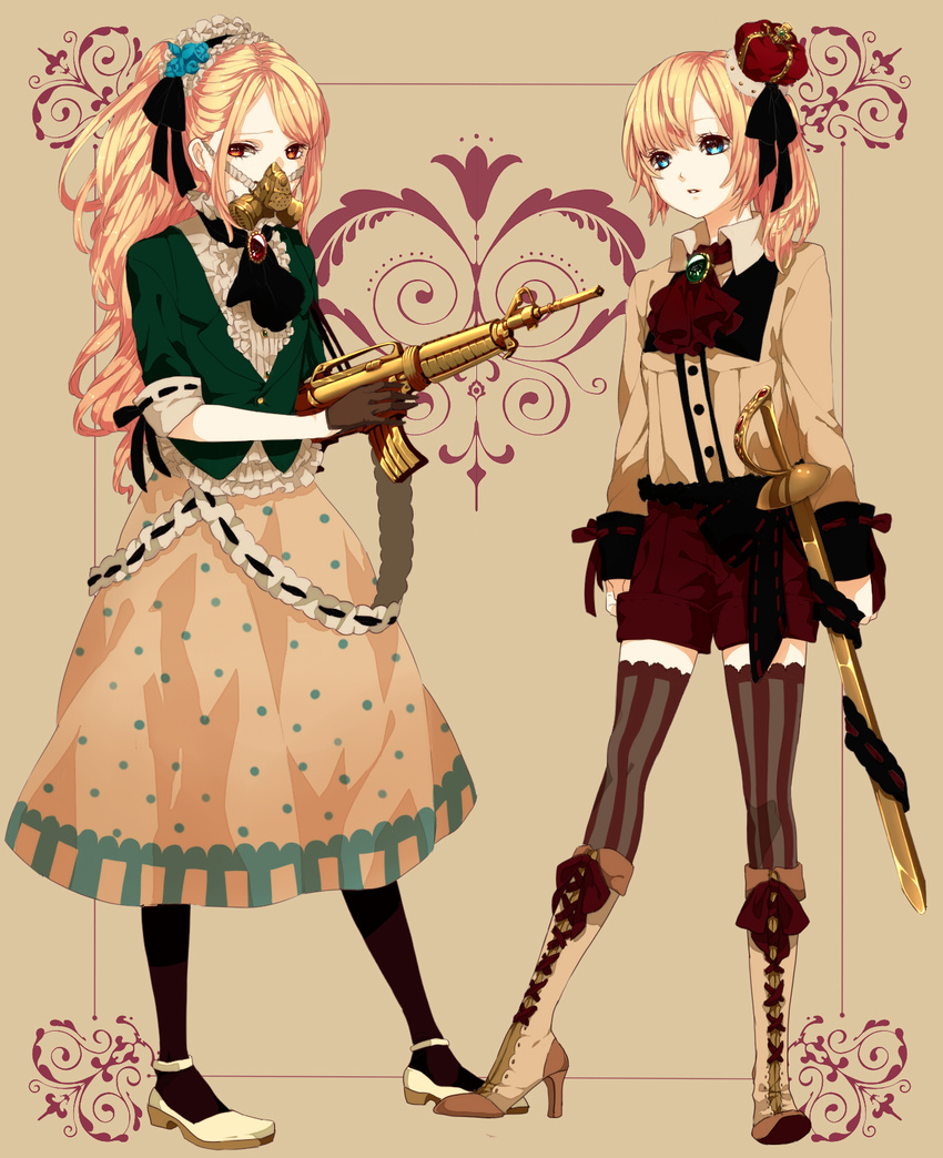 ascot blonde_hair blue_eyes boots cross-laced_footwear crown frills full_body gun hairband highres knee_boots lace lace-up_boots lolita_hairband long_hair long_skirt massuru mini_crown multiple_girls original parted_lips red_eyes shorts side_ponytail skirt standing striped striped_legwear sword thighhighs vertical-striped_legwear vertical_stripes weapon