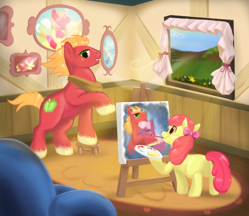 apple_bloom_(mlp) big_macintosh_(mlp) blonde_hair carykaiba cheerilee_(mlp) cub cutie_mark duo equine female feral freckles friendship_is_magic fur hair hi_res horse inside male mammal my_little_pony paint paintbrush painting photo pony pose red_fur red_hair window yoke young