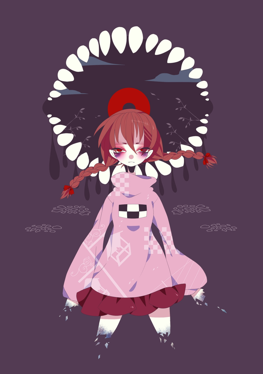 bad_id bad_pixiv_id braid brown_hair highres madotsuki pink_shirt red_eyes sharp_teeth shirt skirt teeth turtleneck twin_braids twintails yume_nikki