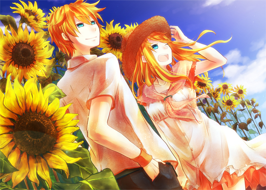 blue_eyes boy_and_girl dress long_hair orange_hair sunflower のちょ