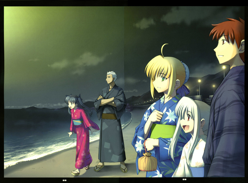 3girls archer artoria_pendragon_(all) beach black_hair blonde_hair brother_and_sister emiya_shirou fate/stay_night fate_(series) happy height_difference highres illyasviel_von_einzbern japanese_clothes kimono multiple_boys multiple_girls red_hair rubbish_selecting_squad saber sandals siblings tall toosaka_rin two_side_up white_hair yukata