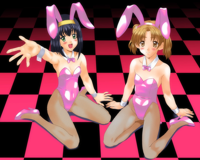 akiba_youko animal_ears bunny_ears bunnysuit fishnet_pantyhose fishnets high_heels kamia_(not_found) kurumi_mayu multiple_girls original pantyhose shiny shoes