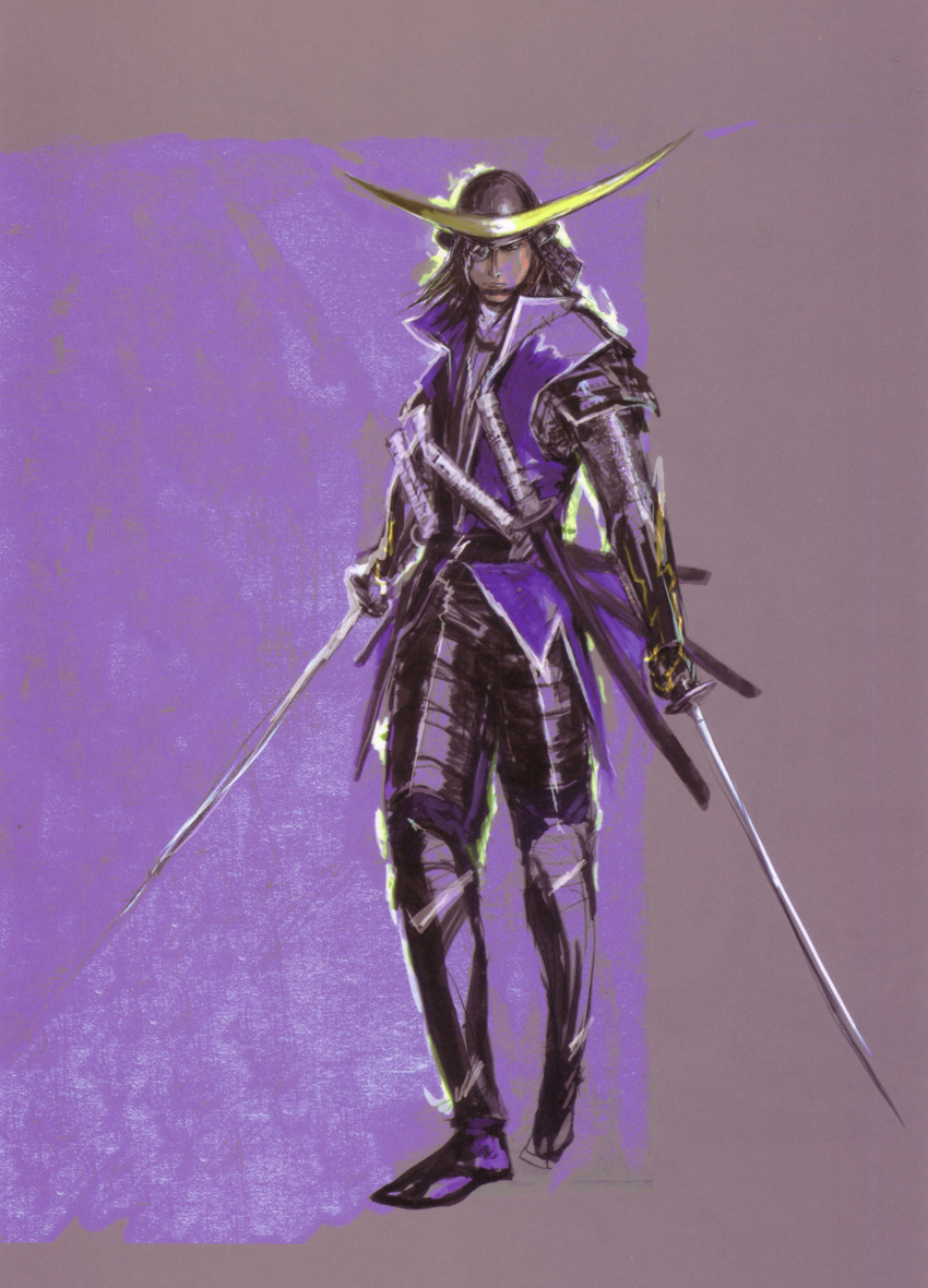 armor date_masamune_(sengoku_basara) helmet highres japanese_armor kabuto male_focus purple purple_background samurai sengoku_basara shoulder_armor sode solo sword tsuchibayashi_makoto weapon