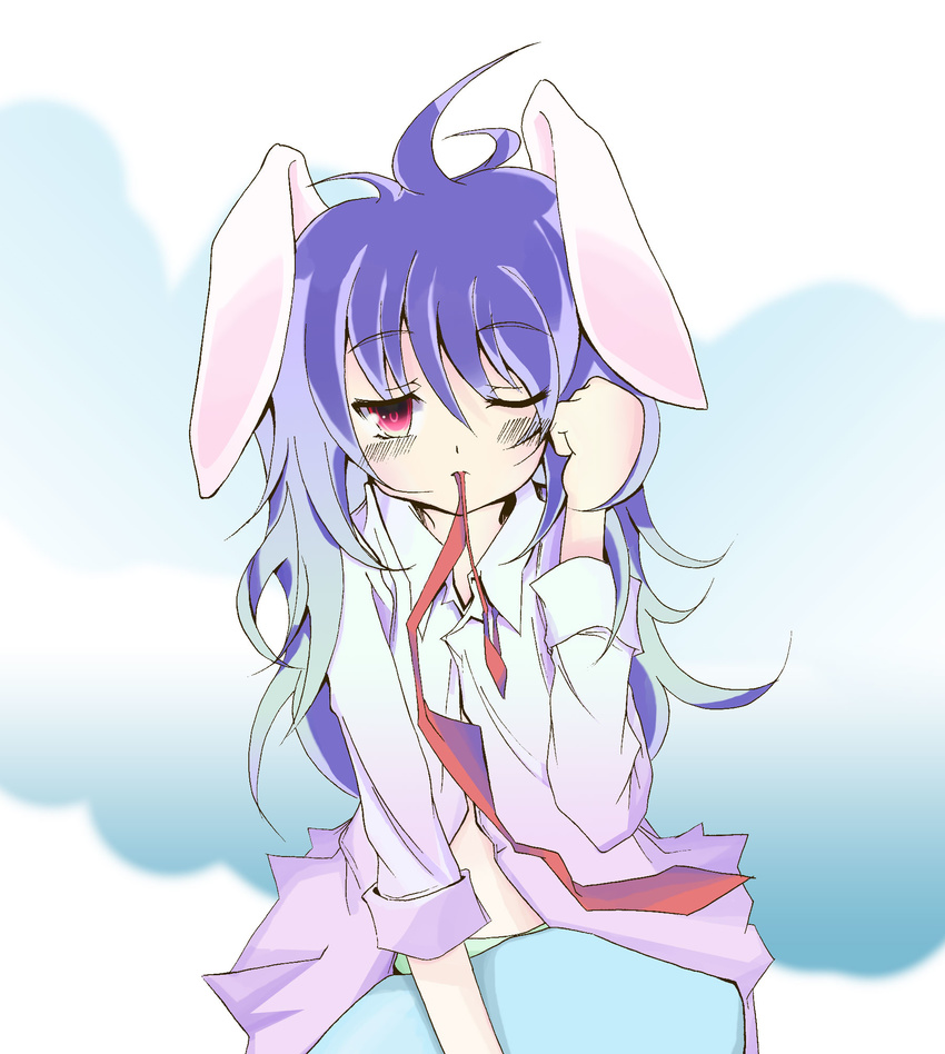 animal_ears bad_id bad_pixiv_id bunny_ears highres long_hair mouth_hold necktie one_eye_closed purple_hair red_neckwear reisen_udongein_inaba solo touhou wamushi