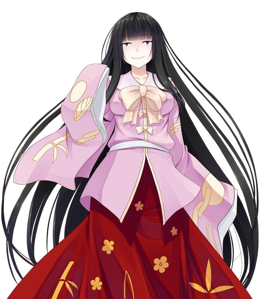 black_hair bow collarbone crote highres hime_cut houraisan_kaguya long_hair long_sleeves smile solo touhou transparent_background very_long_hair wide_sleeves yellow_eyes