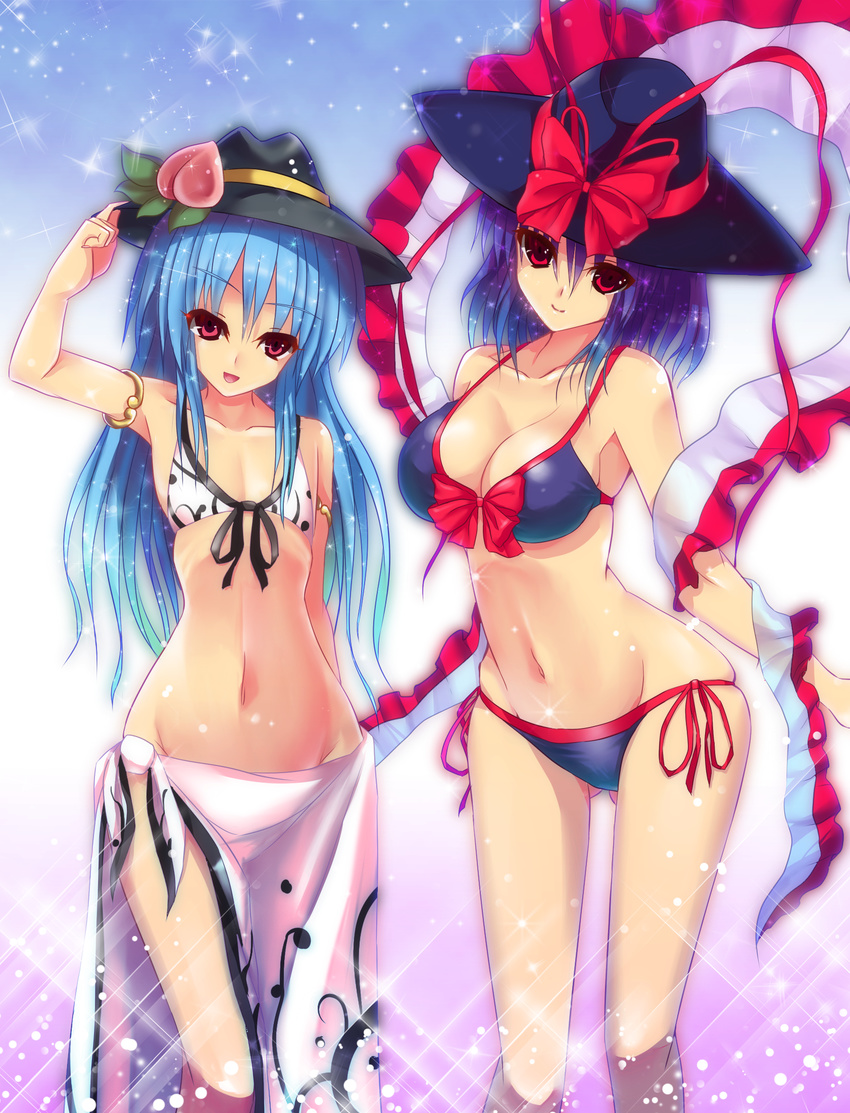 bad_id bad_pixiv_id bare_legs bare_shoulders bikini blue_hair breasts cleavage flat_chest food fruit hat highres hinanawi_tenshi large_breasts long_hair multiple_girls nagae_iku navel peach pink_sarong print_sarong purple_hair red_eyes sarong shawl side-tie_bikini sousakubito swimsuit touhou very_long_hair