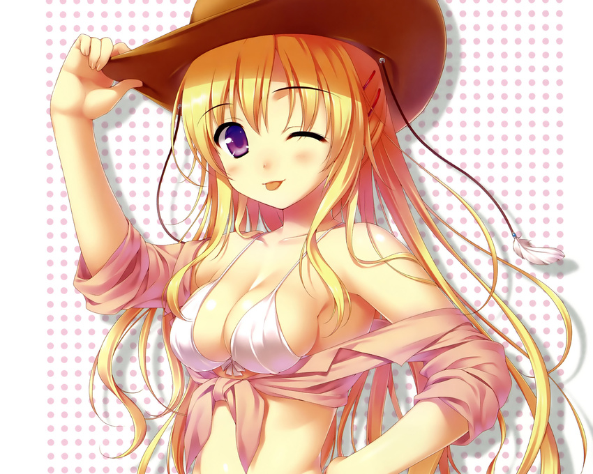 alpha blonde_hair bra cleavage cowgirl long_hair original purple_eyes thighhighs underwear wink